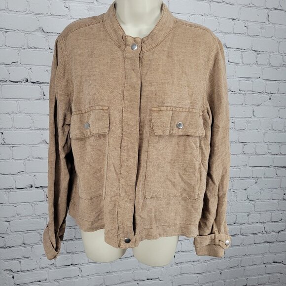 Nicole Miller Brown Linen Blend Lightweight Unlined Snap Jacket Size Large L - Picture 1 of 15